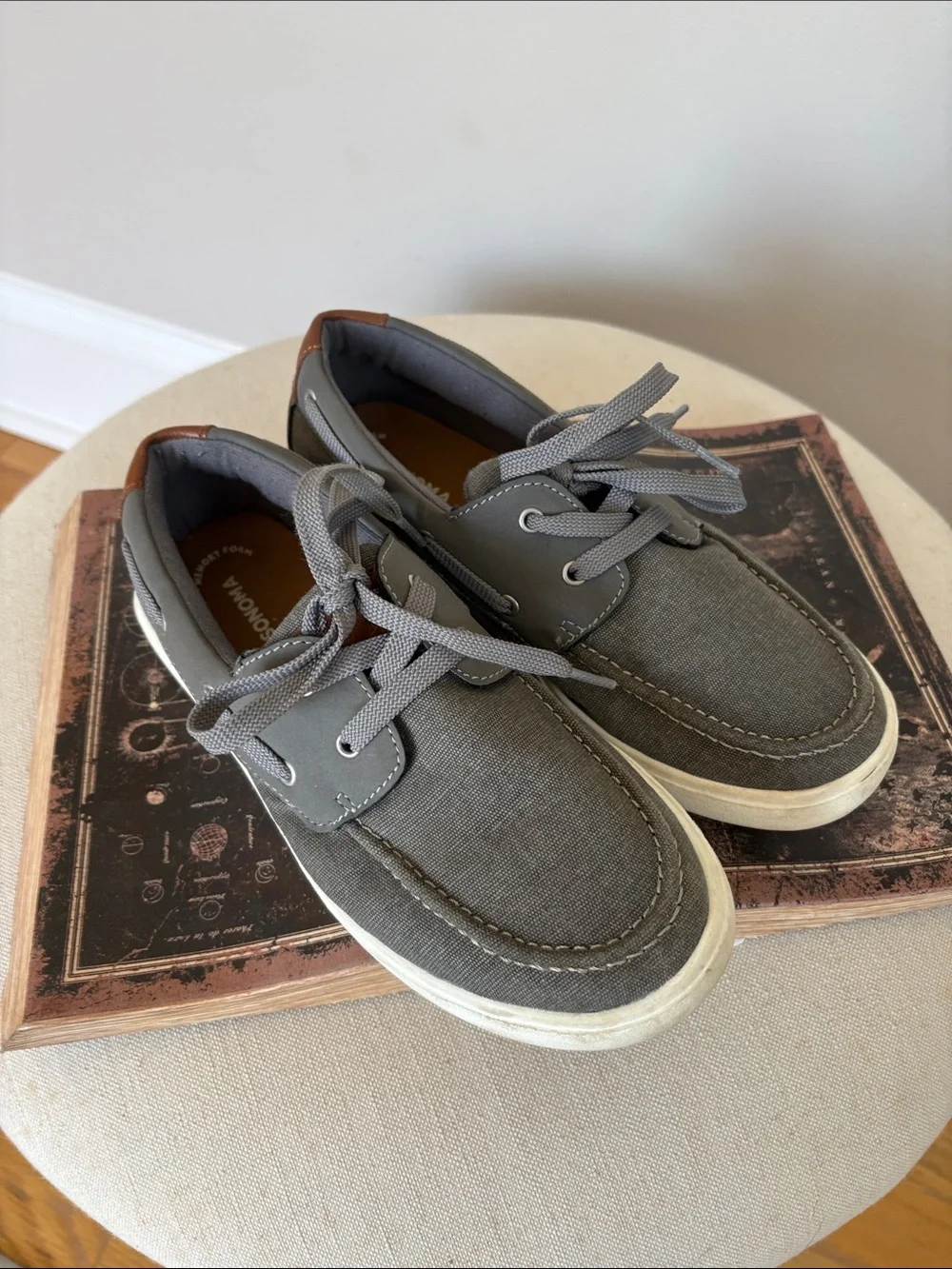 Sonoma Boys Casual Gray Canvas Boat Shoes with Brown Accent.. only worn once!